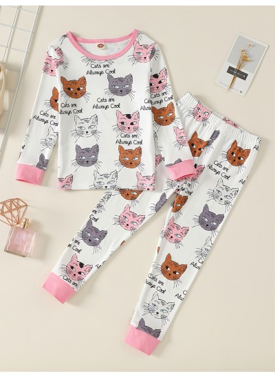 Girls Lounge Wear Homewear Long Sleeve Top Matching Pants Set With Cat Print Kids Clothes Pajamas Set Spring Fall 