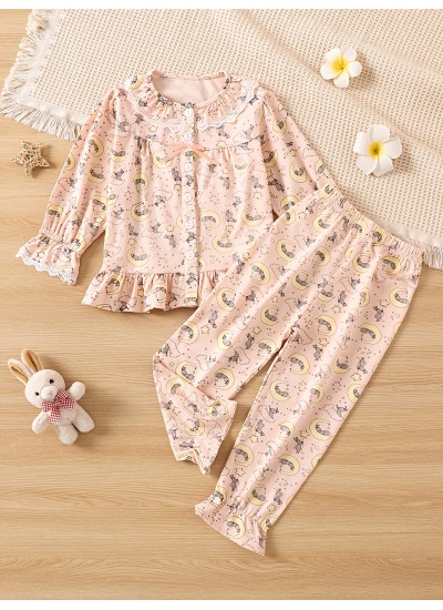 Girls Cute Printed Round Neck Long Sleeve Cardigan Top Pants Pajama Set Autumn And Winter 