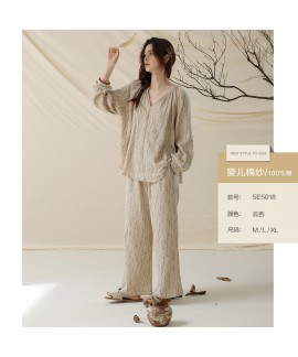 Autumn All-Cotton Double-Layer Gauze Couple Pajamas Set with French V-Neck and Floral Print