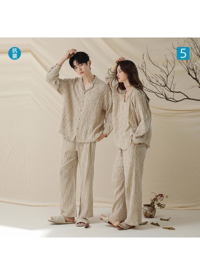 Autumn All-Cotton Double-Layer Gauze Couple Pajamas Set with French V-Neck and Floral Print