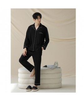 Long-Sleeve Cotton Pajama Set for Couples - Black for Men, Beige for Women in Minimalist Style