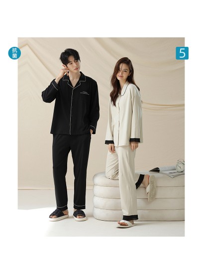 Long-Sleeve Cotton Pajama Set for Couples - Black for Men, Beige for Women in Minimalist Style