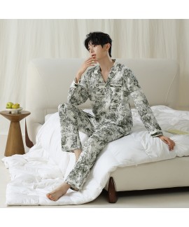 Antibacterial Cotton Long-Sleeve Holiday-Style Art Print Pajamas for Couples