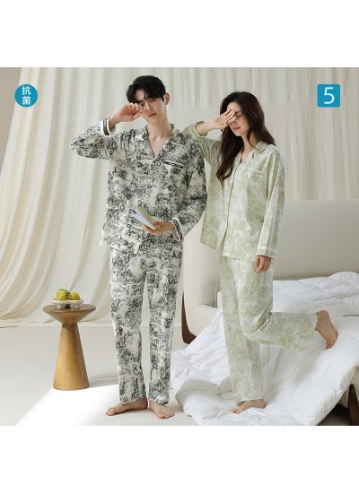 Antibacterial Cotton Long-Sleeve Holiday-Style Art Print Pajamas for Couples