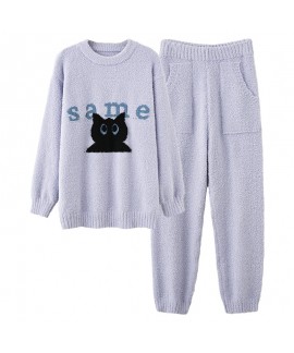 Autumn-Winter Thickened and Warm Grey Half-Fleece Pajamas with Cartoon Cat Print for Couples