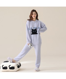 Autumn-Winter Thickened and Warm Grey Half-Fleece Pajamas with Cartoon Cat Print for Couples