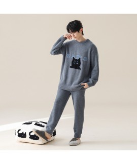 Autumn-Winter Thickened and Warm Grey Half-Fleece Pajamas with Cartoon Cat Print for Couples