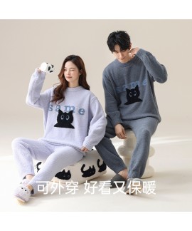 Autumn-Winter Thickened and Warm Grey Half-Fleece Pajamas with Cartoon Cat Print for Couples