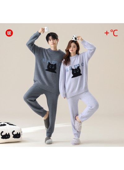 Autumn-Winter Thickened and Warm Grey Half-Fleece Pajamas with Cartoon Cat Print for Couples