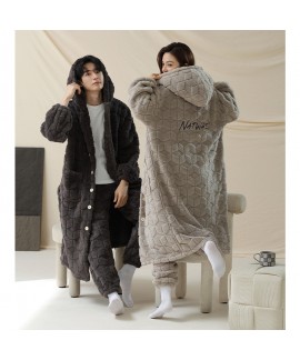 Autumn-Winter Couple Pajamas for Women - Coral Fleece Long Robe and Warm Grey Homewear Set