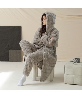 Autumn-Winter Couple Pajamas for Women - Coral Fleece Long Robe and Warm Grey Homewear Set