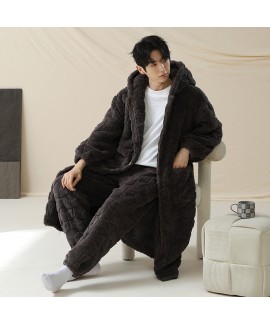 Autumn-Winter Couple Pajamas for Women - Coral Fleece Long Robe and Warm Grey Homewear Set