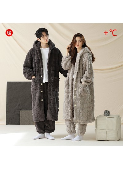 Autumn-Winter Couple Pajamas for Women - Coral Fleece Long Robe and Warm Grey Homewear Set