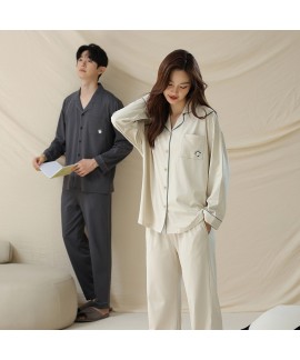 Long-Sleeve Cotton Pajama Set for Couples - Grey for Men, Green for Women in Minimalist Style