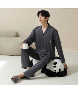 Long-Sleeve Cotton Pajama Set for Couples - Grey for Men, Green for Women in Minimalist Style