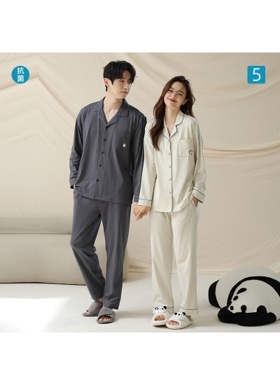 Long-Sleeve Cotton Pajama Set for Couples - Grey for Men, Green for Women in Minimalist Style