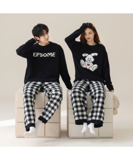 Autumn-Winter Couple Pajamas with Thickened Rogue Rabbit Print and Black Plaid Pants