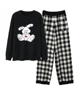 Autumn-Winter Couple Pajamas with Thickened Rogue Rabbit Print and Black Plaid Pants