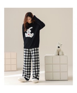 Autumn-Winter Couple Pajamas with Thickened Rogue Rabbit Print and Black Plaid Pants