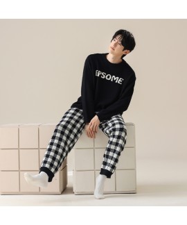 Autumn-Winter Couple Pajamas with Thickened Rogue Rabbit Print and Black Plaid Pants