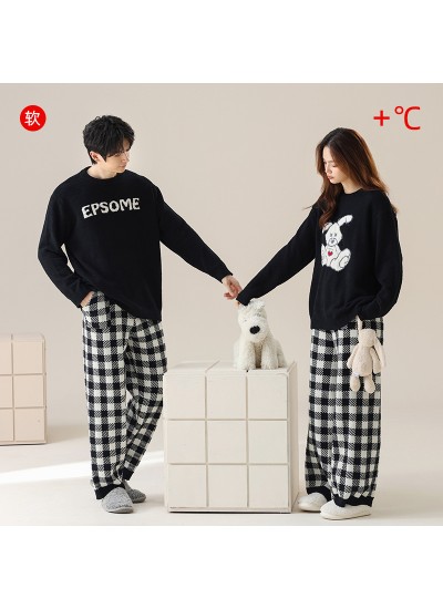 Autumn-Winter Couple Pajamas with Thickened Rogue Rabbit Print and Black Plaid Pants