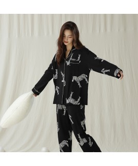 Spring-Autumn Black Zebra Print Long-Sleeve Cotton Couple Pajamas