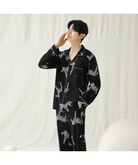 Spring-Autumn Black Zebra Print Long-Sleeve Cotton Couple Pajamas