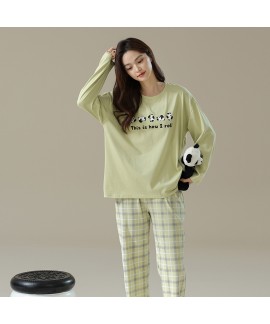 Autumn Soft Checkered Pants with Plain Long-Sleeve Cotton Panda Print Pajamas for Couples