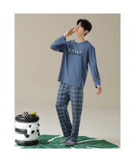 Autumn Soft Checkered Pants with Plain Long-Sleeve Cotton Panda Print Pajamas for Couples