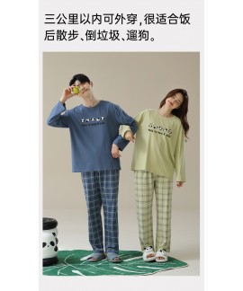 Autumn Soft Checkered Pants with Plain Long-Sleeve Cotton Panda Print Pajamas for Couples