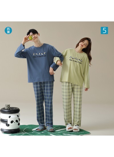 Autumn Soft Checkered Pants with Plain Long-Sleeve Cotton Panda Print Pajamas for Couples