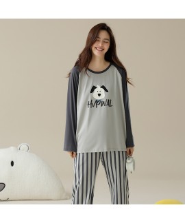 Antibacterial Cotton Long-Sleeve Couple Pajamas with Cute Dog Print for Autumn