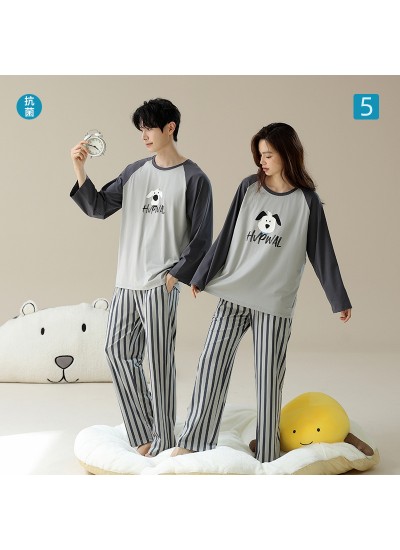 Antibacterial Cotton Long-Sleeve Couple Pajamas with Cute Dog Print for Autumn