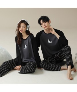 Long-Sleeve Cotton Couple Pajamas with Cute Dog Print in Grey Pullover Style for Autumn