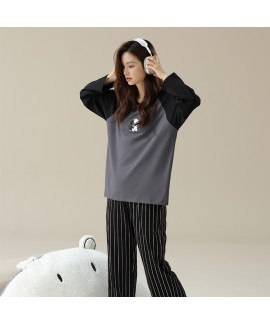 Long-Sleeve Cotton Couple Pajamas with Cute Dog Print in Grey Pullover Style for Autumn