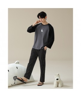 Long-Sleeve Cotton Couple Pajamas with Cute Dog Print in Grey Pullover Style for Autumn