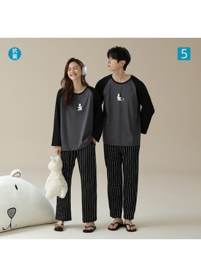 Long-Sleeve Cotton Couple Pajamas with Cute Dog Print in Grey Pullover Style for Autumn