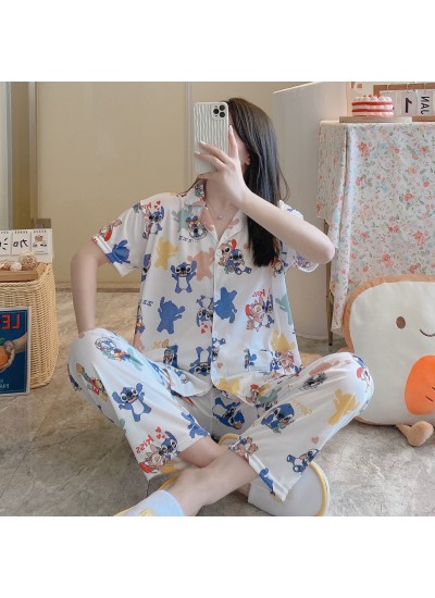 Cute Cartoon Print Cardigan Set: Summer Short Sleeve Loungewear