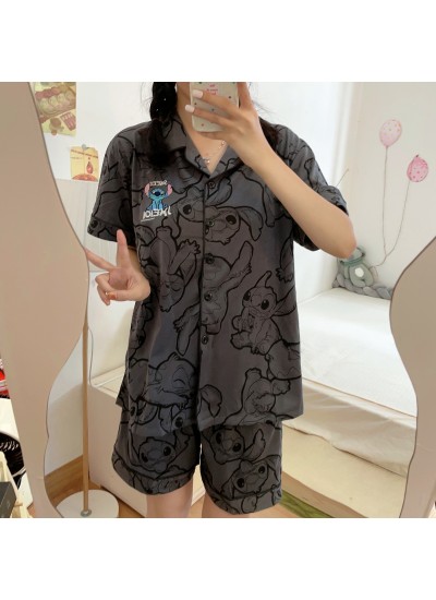 Couple's Manga Stitch Cotton Pajamas: Short Sleeve Cartoon Homewear Set