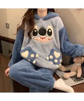 Women's Coral Fleece Pajama Set - Stitch Cartoon L...