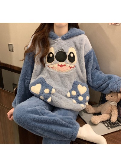 Women's Coral Fleece Pajama Set - Stitch Cartoon Long Sleeve Hooded