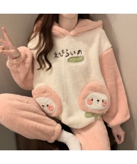 Women's Coral Fleece Pajama Set - Stitch Cartoon Long Sleeve Hooded