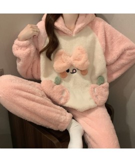 Women's Coral Fleece Pajama Set - Stitch Cartoon Long Sleeve Hooded