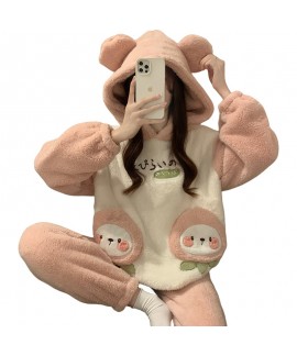 Women's Coral Fleece Pajama Set - Stitch Cartoon Long Sleeve Hooded