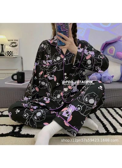 Women's Spring Autumn Pajamas | Cute Stitch Print Long-Sleeve Korean Loungewear Set