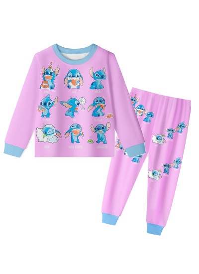 Stitch Crashes Plush Long Sleeve Ribbed Print Pajama Set For Children