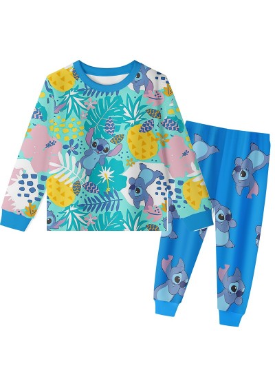 Stitch Crashes Plush Long Sleeve Ribbed Print Pajama Set For Kids