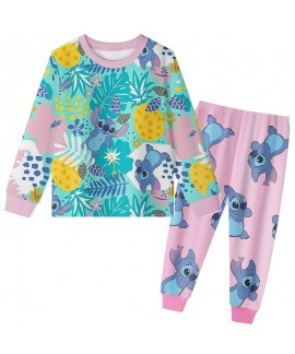 Stitch Crashes Plush Long Sleeve Ribbed Print Pajama Set For Kids