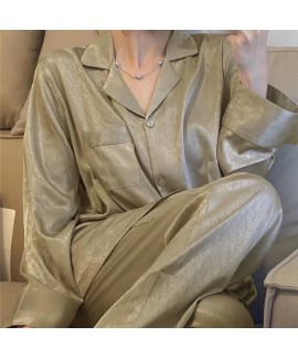 Spring And Autumn Long Pants Long Sleeve Stitch Women's Ice Silk Casual Pajama Set