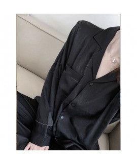 Spring And Autumn Long Pants Long Sleeve Stitch Women's Ice Silk Casual Pajama Set